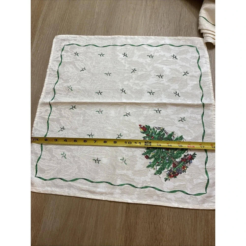 Spode Christmas Tree Cloth Napkins set of 6 Ivory Damask Green Ribbon